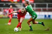 4 March 2023; Jenaya Robertson of Shelbourne is tackled by Jesse Mendez of Cork City during the SSE Airtricity Women's Premier Division match between Shelbourne and Cork City at Tolka Park in Dublin. Photo by Eóin Noonan/Sportsfile