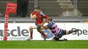 24 August 2013; Andrew Conway, Munster, on his way to scoring his side's first try, despite the efforts of James Simpson-Daniel, Gloucester. Pre-Season Friendly, Munster v Gloucester, Thomond Park, Limerick. Picture credit: Diarmuid Greene / SPORTSFILE