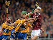 24 August 2013; Jason Flynn, Galway, in action against Jack Browne and Stephen O'Halloran, behind, Clare. Bord Gáis Energy GAA Hurling Under 21 All-Ireland Championship Semi-Final, Galway v Clare, Semple Stadium, Thurles, Co. Tipperary. Picture credit: Ray McManus / SPORTSFILE