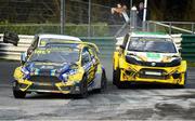 5 March 2023; Derek Tohill, in his Ford Fiesta, ahead of Patrick O'Donovan, in his Proton Iriz during the PartsForCars.ie Irish Rallycross Championship, first round, at Mondello Park Circuit in Kildare. Photo by Jack Cregg/Sportsfile