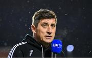 6 March 2023; Bohemians manager Declan Devine speaks to LOITV before the SSE Airtricity Men's Premier Division match between Bohemians and Drogheda United at Dalymount Park in Dublin. Photo by Harry Murphy/Sportsfile