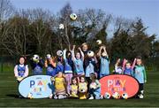 7 March 2023; Republic of Ireland Women's manager Vera Pauw with Hartstown Huntstown FC players at the launch of UEFA Disney Playmakers 2023 at Hartstown Huntstown Football Club in Dublin. Photo by Stephen McCarthy/Sportsfile