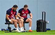 8 March 2023; Bundee Aki, left, and Jordan Larmour during Ireland rugby squad training at the IRFU High Performance Centre at the Sport Ireland Campus in Dublin. Photo by Brendan Moran/Sportsfile