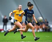 8 March 2023; Eimile Loughran of Ulster University Magee in action against Leah Dormer of DCU Dóchas Éireann during the 2023 Yoplait Ladies HEC Cup Final match between DCU Dóchas Éireann and Ulster University Magee at University of Galway Connacht GAA Air Dome in Bekan, Mayo. Photo by Piaras Ó Mídheach/Sportsfile