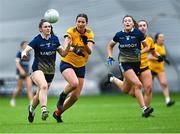 8 March 2023; Bláthín Donnelly of Ulster University Magee in action against Sarah Tuohy of DCU Dóchas Éireann during the 2023 Yoplait Ladies HEC Cup Final match between DCU Dóchas Éireann and Ulster University Magee at University of Galway Connacht GAA Air Dome in Bekan, Mayo. Photo by Piaras Ó Mídheach/Sportsfile