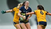 8 March 2023; Bláthín Donnelly of Ulster University Magee in action against Lynda Hanley, 6, and Shannon Fleming of DCU Dóchas Éireann during the 2023 Yoplait Ladies HEC Cup Final match between DCU Dóchas Éireann and Ulster University Magee at University of Galway Connacht GAA Air Dome in Bekan, Mayo. Photo by Piaras Ó Mídheach/Sportsfile