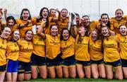 8 March 2023; DCU Dóchas Éireann players celebrate after their side's victory in the 2023 Yoplait Ladies HEC Cup Final match between DCU Dóchas Éireann and Ulster University Magee at University of Galway Connacht GAA Air Dome in Bekan, Mayo. Photo by Piaras Ó Mídheach/Sportsfile