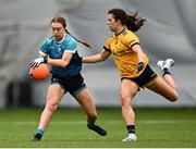 10 March 2023; Ellie Young of TU Dublin in action against Anna Rose Kennedy of DCU Dóchas Éireann during the 2023 Yoplait Ladies HEC O’Connor Cup semi-final match between DCU Dóchas Éireann and TU Dublin at University of Galway Connacht GAA Air Dome in Bekan, Mayo. Photo by Piaras Ó Mídheach/Sportsfile