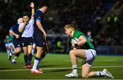 10 March 2023; Andrew Osborne celebrates after scoring his side's first try during the U20 Six Nations Rugby Championship match between Scotland and Ireland at Scotstoun Stadium in Glasgow, Scotland. Photo by Brendan Moran/Sportsfile
