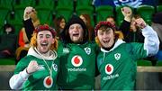 10 March 2023; Ireland supporters, from left, Dylan McDonald, Mark Kiernan and Mark Wrafter from Westmeath during the U20 Six Nations Rugby Championship match between Scotland and Ireland at Scotstoun Stadium in Glasgow, Scotland. Photo by Brendan Moran/Sportsfile