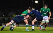 10 March 2023; John Devine of Ireland is tackled by Jonny Morris, left, and Luke Townsend of Scotland during the U20 Six Nations Rugby Championship match between Scotland and Ireland at Scotstoun Stadium in Glasgow, Scotland. Photo by Brendan Moran/Sportsfile