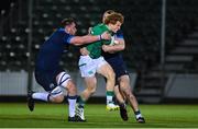 10 March 2023; Henry McErlean of Ireland is tackled by Rudi Brown, left, and Duncan Munn of Scotland during the U20 Six Nations Rugby Championship match between Scotland and Ireland at Scotstoun Stadium in Glasgow, Scotland. Photo by Brendan Moran/Sportsfile