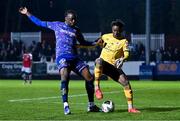 10 March 2023; St Patricks Athletic goalkeeper David Odumosu in action against Jonathan Afolabi of Bohemians during the SSE Airtricity Men's Premier Division match between St Patrick's Athletic and Bohemians at Richmond Park in Dublin. Photo by Stephen McCarthy/Sportsfile