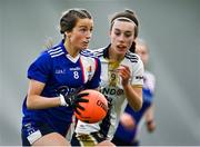 11 March 2023; Niamh Broderick of MTU Kerry in action against Éabha Lennon of University of Ulster during the 2023 Yoplait Ladies HEC Giles Cup Final match between University of Ulster and MTU Kerry at University of Galway Connacht GAA Air Dome in Bekan, Mayo. Photo by Piaras Ó Mídheach/Sportsfile
