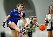 11 March 2023; Leah Boyle of MTU Kerry in action against Amy Garland of University of Ulster during the 2023 Yoplait Ladies HEC Giles Cup Final match between University of Ulster and MTU Kerry at University of Galway Connacht GAA Air Dome in Bekan, Mayo. Photo by Piaras Ó Mídheach/Sportsfile