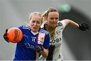 11 March 2023; Caoimhe Evans of MTU Kerry in action against Ciara Brown of University of Ulster during the 2023 Yoplait Ladies HEC Giles Cup Final match between University of Ulster and MTU Kerry at University of Galway Connacht GAA Air Dome in Bekan, Mayo. Photo by Piaras Ó Mídheach/Sportsfile