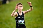 11 March 2023; Noah Watt of Campbell College, Belfast, celebrates on his way to winning the junior boys 3500m during the 123.ie All-Ireland Schools Cross Country Championships at SETU Sports Campus in Carriganore, Waterford. Photo by David Fitzgerald/Sportsfile