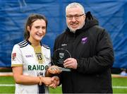 11 March 2023; Maria O'Neill of University of Ulster is presented with the Player of the Match award by Ladies HEC chairperson Daniel Caldwell after her side's victory in the 2023 Yoplait Ladies HEC Giles Cup Final match between University of Ulster and MTU Kerry at University of Galway Connacht GAA Air Dome in Bekan, Mayo. Photo by Piaras Ó Mídheach/Sportsfile