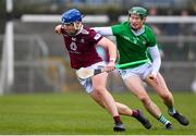 12 March 2023; Kevin Regan of Westmeath in action against William O'Donoghue of Limerick during the Allianz Hurling League Division 1 Group B match between Westmeath and Limerick at TEG Cusack Park in Mullingar, Westmeath. Photo by Tyler Miller/Sportsfile