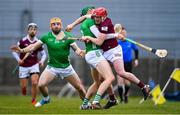 12 March 2023; Darragh Egerton of Westmeath in action against William O'Donoghue of Limerick during the Allianz Hurling League Division 1 Group B match between Westmeath and Limerick at TEG Cusack Park in Mullingar, Westmeath. Photo by Tyler Miller/Sportsfile