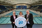 15 March 2023; In attendance, from left, are Sport Ireland Campus Chief Executing Officer Michael Murray, Sport Ireland Chief Executing Officer Una May and Lord Mayor of Fingal Howard Mahoney as the Sport Ireland National Aquatic Centre celebrates 20 years since opening in 2003. The venue opened in advance of the Special Olympics World Summer Games in March of 2003, followed by the European Short Course Swimming Championships, with over 15 million visitors through the doors since opening. The centre is home to Swim Ireland and Paralympic high performance programmes, and has over 2500 children attending swimming lessons weekly, 3500 gym members and hundreds of thousands of waterpark visitors every year. To learn more and how to get involved, visit www.sportirelandcampus.ie Photo by David Fitzgerald/Sportsfile