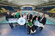 15 March 2023; In attendance, from left, are Gavin Noble, Chef de Mission for Team Ireland, Mary Haughney, President of Swim Ireland, Swimmer Shane Ryan, Sport Ireland Campus Chief Executing Officer Michael Murray, Sport Ireland Chief Executing Officer Una May, Lord Mayor of Fingal Howard Mahoney, Paralympic Swimmer Ailbhe Kelly, Neasa Russell, President of Paralympics Ireland, Special Olympics athlete Deirdre O’Callaghan and Matt English Special Olympics Ireland Chief Executive Officer as the Sport Ireland National Aquatic Centre celebrates 20 years since opening in 2003. The venue opened in advance of the Special Olympics World Summer Games in March of 2003, followed by the European Short Course Swimming Championships, with over 15 million visitors through the doors since opening. The centre is home to Swim Ireland and Paralympic high performance programmes, and has over 2500 children attending swimming lessons weekly, 3500 gym members and hundreds of thousands of waterpark visitors every year. To learn more and how to get involved, visit www.sportirelandcampus.ie. Photo by David Fitzgerald/Sportsfile