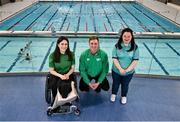 15 March 2023; In attendance, from left, are Paralympic Swimmer Ailbhe Kelly, Shane Ryan and Special Olympics athlete Deirdre O’Callaghan as the Sport Ireland National Aquatic Centre celebrates 20 years since opening in 2003. The venue opened in advance of the Special Olympics World Summer Games in March of 2003, followed by the European Short Course Swimming Championships, with over 15 million visitors through the doors since opening. The centre is home to Swim Ireland and Paralympic high performance programmes, and has over 2500 children attending swimming lessons weekly, 3500 gym members and hundreds of thousands of waterpark visitors every year. To learn more and how to get involved, visit www.sportirelandcampus.ie. Photo by David Fitzgerald/Sportsfile