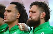 18 March 2023; An emotional Andrew Porter, right, during the national anthems before the Guinness Six Nations Rugby Championship match between Ireland and England at the Aviva Stadium in Dublin. Photo by Seb Daly/Sportsfile