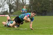 19 March 2023; Fionn O'Loughlin of Gorey RFC scores his side's first first try during the Bank of Ireland Provincial Towns Cup Third Round match between Gorey RFC and Kilkenny RFC at Gorey RFC in Wexford. Photo by Matt Browne/Sportsfile