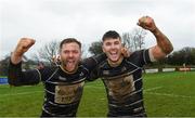 19 March 2023; Lyndon Brannigan and Jake McDonald of Kilkenny RFC celebrate after the Bank of Ireland Provincial Towns Cup Third Round match between Gorey RFC and Kilkenny RFC at Gorey RFC in Wexford. Photo by Matt Browne/Sportsfile