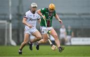 19 March 2023; Davy Glennon of Westmeath in action against Daithi Burke of Galway during the Allianz Hurling League Division 1 Group A match between Westmeath and Galway at TEG Cusack Park in Mullingar, Westmeath. Photo by Seb Daly/Sportsfile