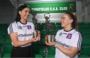 24 March 2023; Niamh McGrath, left, alongside her sister Siobhán, both of Sarsfields, Galway, who were today crowned the 2021/22 and 2022/2023 AIB Camogie Club Championships Players of the Year. Niamh and Siobhán are two of a host of #TheToughest players who will be honoured for their performances at the AIB Camogie Club Player Awards at Croke Park on Saturday evening, March 25th, where both the 2021/2022 and 2022/2023 AIB Camogie Club Teams of the Year, Provincial Players of the Year and Players of the Year will be recognised. Photo by Seb Daly/Sportsfile