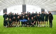 24 March 2023; The Republic of Ireland team granted the wish of 10-year-old Tyler Breen Somers, from Inchicore, Dublin, by welcoming him to training at the National Indoor Arena on the Sport Ireland Campus in Dublin. Tyler underwent a bone marrow transplant, 3 years ago, and has recovered from acute lymphoblastic leukaemia. His wish was aided by Make-A-Wish Ireland. Photo by Stephen McCarthy/Sportsfile