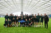 24 March 2023; The Republic of Ireland team granted the wish of 10-year-old Tyler Breen Somers, from Inchicore, Dublin, by welcoming him to training at the National Indoor Arena on the Sport Ireland Campus in Dublin. Tyler underwent a bone marrow transplant, 3 years ago, and has recovered from acute lymphoblastic leukaemia. His wish was aided by Make-A-Wish Ireland. Photo by Stephen McCarthy/Sportsfile