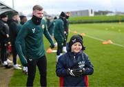 24 March 2023; The Republic of Ireland team granted the wish of 10-year-old Tyler Breen Somers, from Inchicore, Dublin, by welcoming him to training at the National Indoor Arena on the FAI National Training Centre in Abbotstown, Dublin. Tyler pictured with Republic of Ireland's Evan Ferguson, underwent a bone marrow transplant, 3 years ago, and has recovered from acute lymphoblastic leukaemia. His wish was aided by Make-A-Wish Ireland. Photo by Stephen McCarthy/Sportsfile
