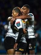 24 March 2023; Suleiman Hartzenberg of DHL Stormers, centre, celebrates with teammates Manie Libbok and Damian Willemse after scoring his side's second try during the United Rugby Championship match between Leinster and DHL Stormers at the RDS Arena in Dublin. Photo by Tyler Miller/Sportsfile