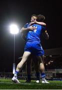 24 March 2023; Rob Russell of Leinster celebrates with teammate John McKee after scoring his side's third try during the United Rugby Championship match between Leinster and DHL Stormers at the RDS Arena in Dublin. Photo by Harry Murphy/Sportsfile