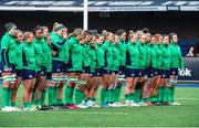 25 March 2023; Ireland players stand for the National Anthem before the TikTok Women's Six Nations Rugby Championship match between Wales and Ireland at Cardiff Arms Park in Cardiff, Wales. Photo by Mark Lewis/Sportsfile