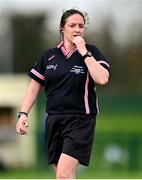 25 March 2023; Referee Sinead McHugh during the Lidl LGFA Post Primary Junior B Final match between Maynooth Educate Together, Kildare, and St Ronan's College Lurgan, Armagh, at the GAA National Games Development Centre in Abbotstown, Dublin. Photo by Ben McShane/Sportsfile