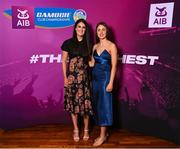 25 March 2023; Mairead Scanlon, left, and Jennifer Kelly of Scariff Ogonnelloe, Clare on arrival to the AIB Camogie Club Player Awards 2023 at Croke Park in Dublin. Photo by David Fitzgerald/Sportsfile