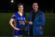 25 March 2023; Aideen O'Brien of Presentation Secondary School Milltown celebrates with her dad Seamus after the Lidl LGFA Post Primary Junior C Final match between Dunmore Community School, Galway, and Presentation Secondary School Milltown, Kerry at Fethard Town Park in Tipperary. Photo by Michael P Ryan/Sportsfile