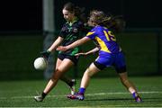 25 March 2023; Katie Slattery of Dunmore Community School in action against Maggie Quirke of Presentation Secondary School Milltown during the Lidl LGFA Post Primary Junior C Final match between Dunmore Community School, Galway, and Presentation Secondary School Milltown, Kerry at Fethard Town Park in Tipperary. Photo by Michael P Ryan/Sportsfile