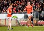 26 March 2023; Stefan Campbell of Armagh celebrates after kicking a second half point during the Allianz Football League Division 1 match between Tyrone and Armagh at O'Neill's Healy Park in Omagh, Tyrone. Photo by Ramsey Cardy/Sportsfile