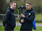 26 March 2023; Adam Idah tries some videography with the assistance of Matthew Turnbull, FAI multimedia executive, after a Republic of Ireland training session at the FAI National Training Centre in Abbotstown, Dublin. Photo by Stephen McCarthy/Sportsfile