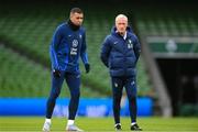 26 March 2023; Kylian Mbappé and manager Didier Deschamps during a France training sesson at Aviva Stadium in Dublin. Photo by Stephen McCarthy/Sportsfile