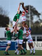26 March 2023; Joe Hopes of Ireland wins possession in the lineout against Chuka Ishibashi of Japan during the Under-19 Rugby International match between Ireland and Japan at Lakelands Park in Dublin. Photo by Harry Murphy/Sportsfile