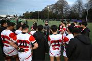26 March 2023; Japan head coach Tomoya Takahashi speaks to his players after his side's defeat in the Under-19 Rugby International match between Ireland and Japan at Lakelands Park in Dublin. Photo by Harry Murphy/Sportsfile