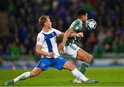 26 March 2023; Shea Charles of Northern Ireland in action against Rasmus Schüller of Finland during the UEFA EURO 2024 Championship Qualifier match between Northern Ireland and Finland at National Stadium at Windsor Park in Belfast. Photo by Ramsey Cardy/Sportsfile