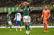 26 March 2023; Dion Charles of Northern Ireland reacts after a missed chance during the UEFA EURO 2024 Championship Qualifier match between Northern Ireland and Finland at National Stadium at Windsor Park in Belfast. Photo by Ramsey Cardy/Sportsfile