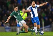 26 March 2023; Teemu Pukki of Finland is tackled by Craig Cathcart of Northern Ireland during the UEFA EURO 2024 Championship Qualifier match between Northern Ireland and Finland at National Stadium at Windsor Park in Belfast. Photo by Ramsey Cardy/Sportsfile